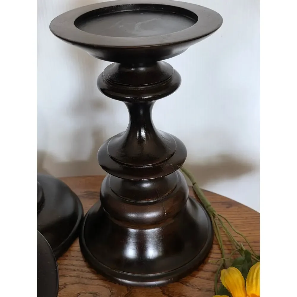 Pottery Barn Turned Wood Pillar Candle Holders Set Dark Brown Espresso 3 Pc